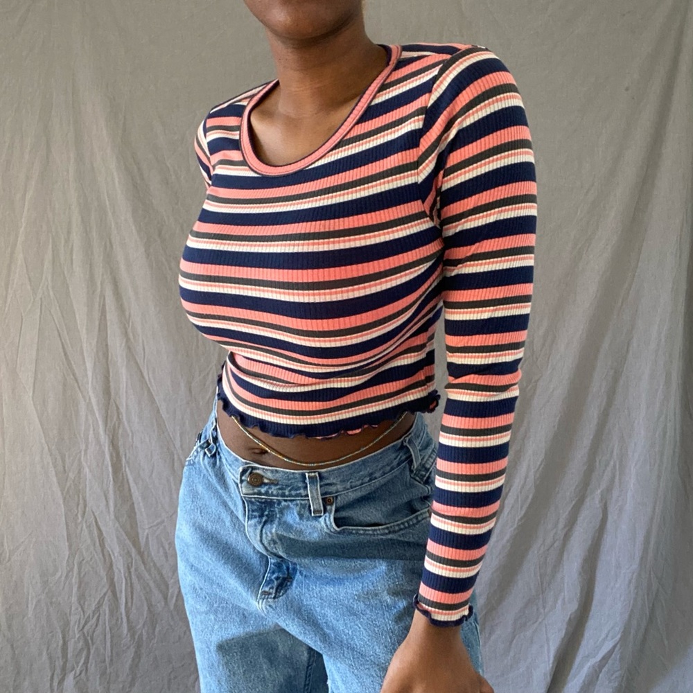 Long Sleeve Lettuce Trim Striped Shirt